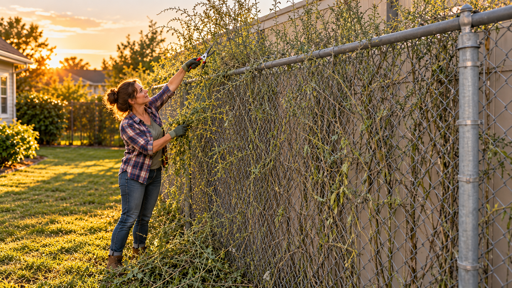 A five-foot-five woman carefully cutting tall weeds by hand beside a chain-link fence that stands about six feet four inches above her yard, with a slightly taller plastic privacy fence immediately behind it